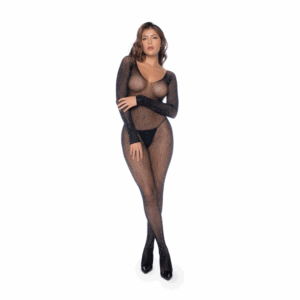 Body de red de pescar con manga larga y rhinestones - Talla única - Negro/Rhinestone