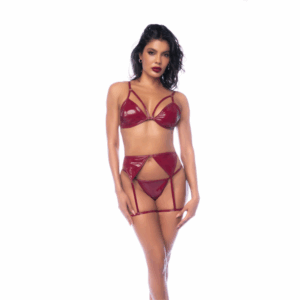 Conjunto de sujetador de tres piezas - S - Rojo vino brillante
